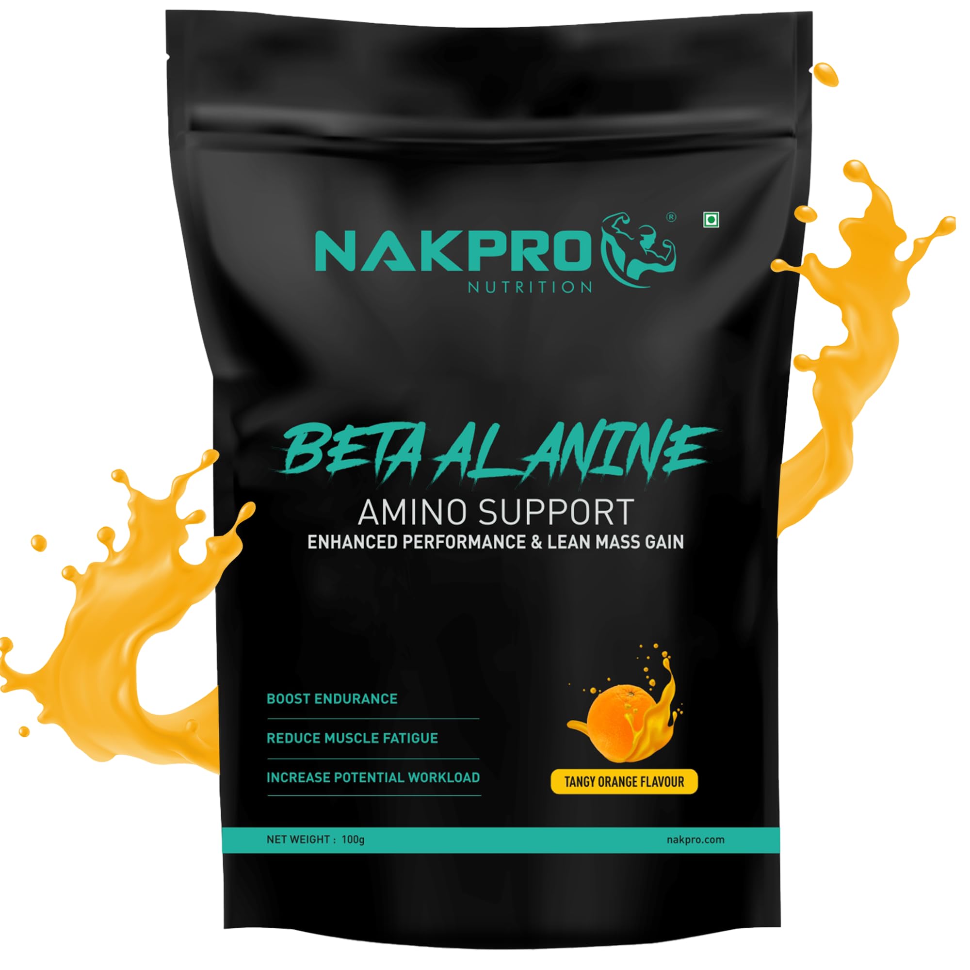 Nakpro Beta Alanine Supplement Powder| Muscle Building Amino Acid, Faster Recovery, Pre Workout supplement for Men & Women -1g TangyOrange, (33 Servings)