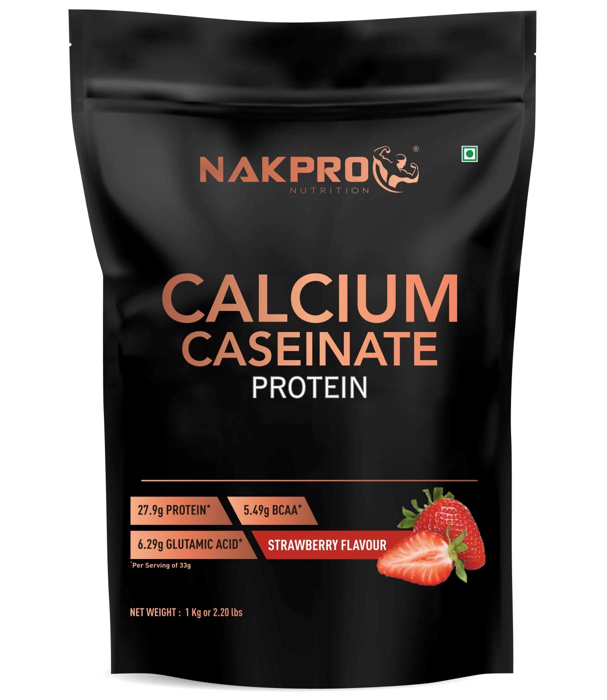 NAKPRO CALCIUM CASEINATE | Slow-Digesting Casein Protein Powder 1 kg Strawberry, 27.9g Protein, 5.4g BCAA & 6.2g Glutamine for Muscle Growth & Recovery