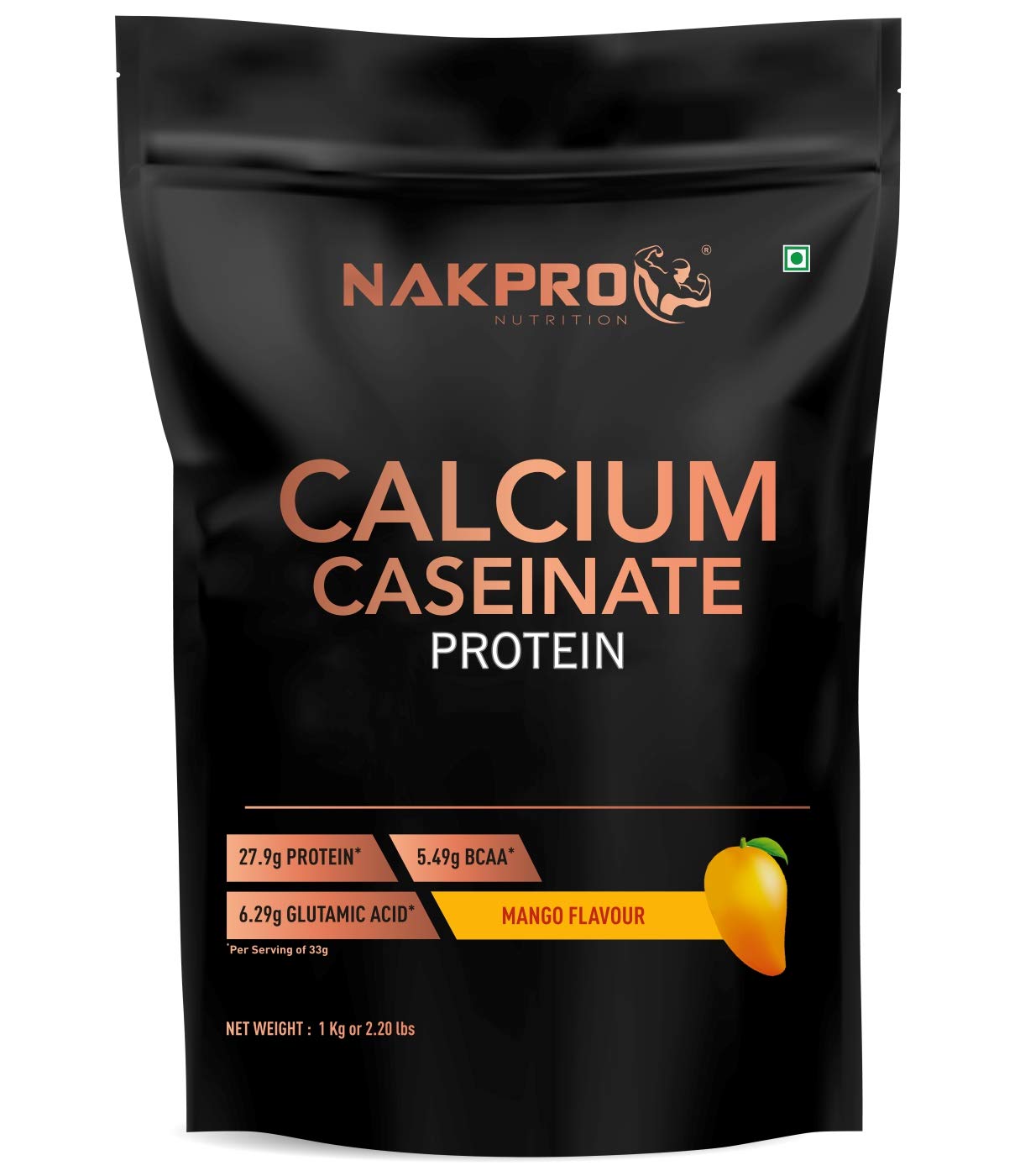 NAKPRO CALCIUM CASEINATE | Slow-Digesting Casein Protein Powder 1 kg Mango, 27.9g Protein, 5.4g BCAA & 6.2g Glutamine for Muscle Growth & Recovery