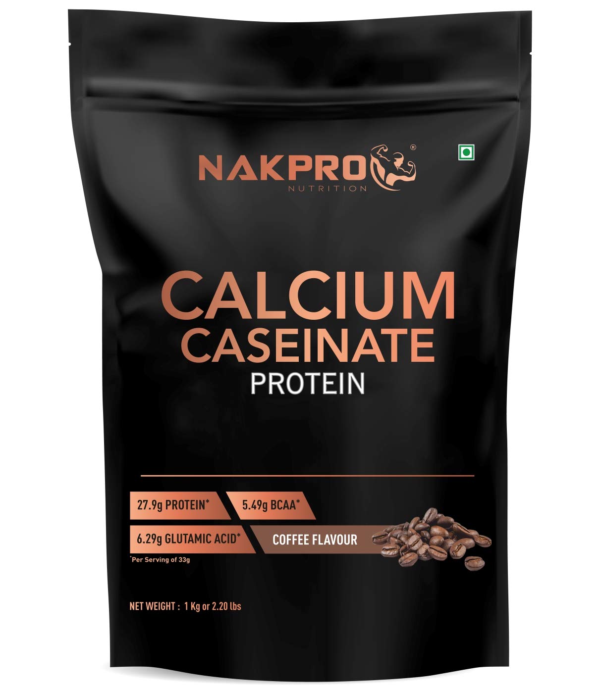 NAKPRO CALCIUM CASEINATE | Slow-Digesting Casein Protein Powder 1 kg Coffee, 27.9g Protein, 5.4g BCAA & 6.2g Glutamine for Muscle Growth & Recovery