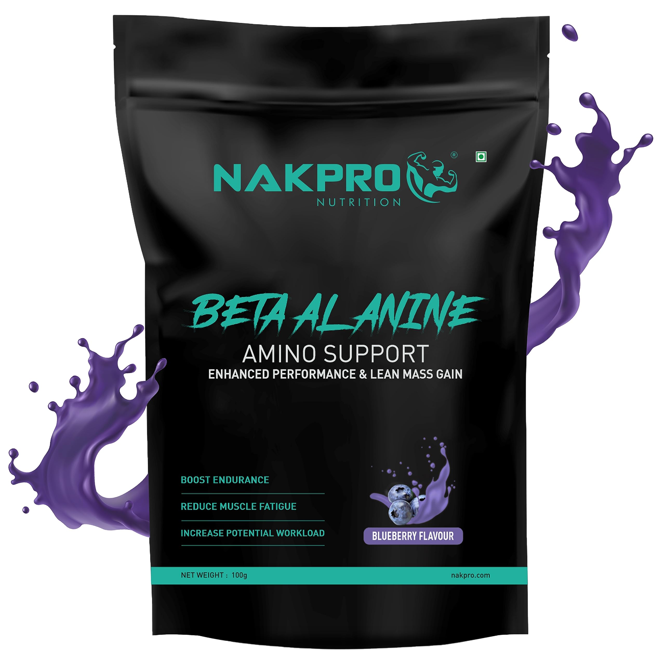 Nakpro Beta Alanine Supplement Powder| Muscle Building Amino Acid, Faster Recovery, Pre Workout supplement for Men & Women -1g Blueberry, (33 Servings)