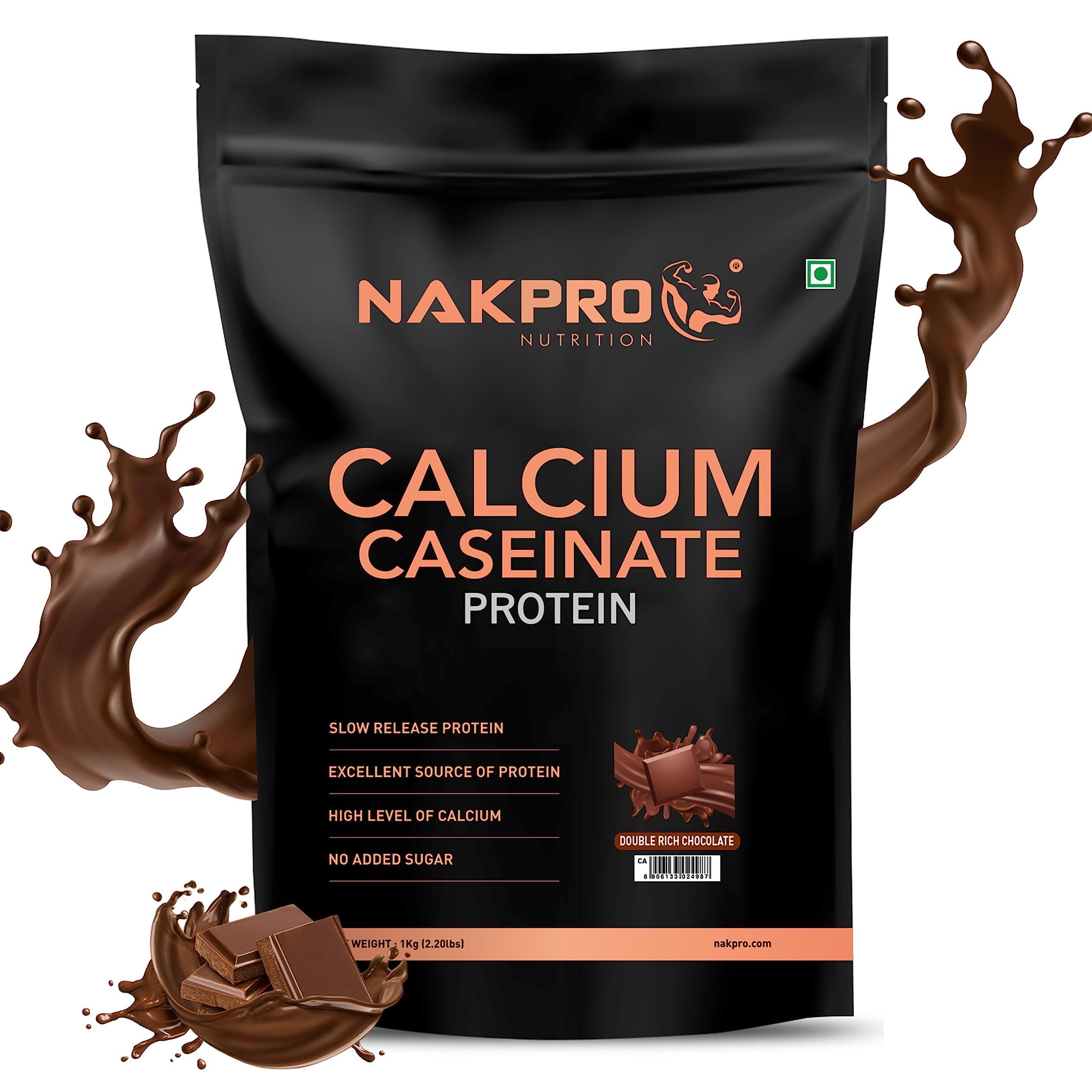 NAKPRO Calcium Caseinate | 26.81g Protein, 5.12g BCAA | Helps in Muscle Recovery | Slow Absorbing, Slow Digesting, Low Carbs Casein Protein Powder (1 Kg, Double Rich Chocolate)